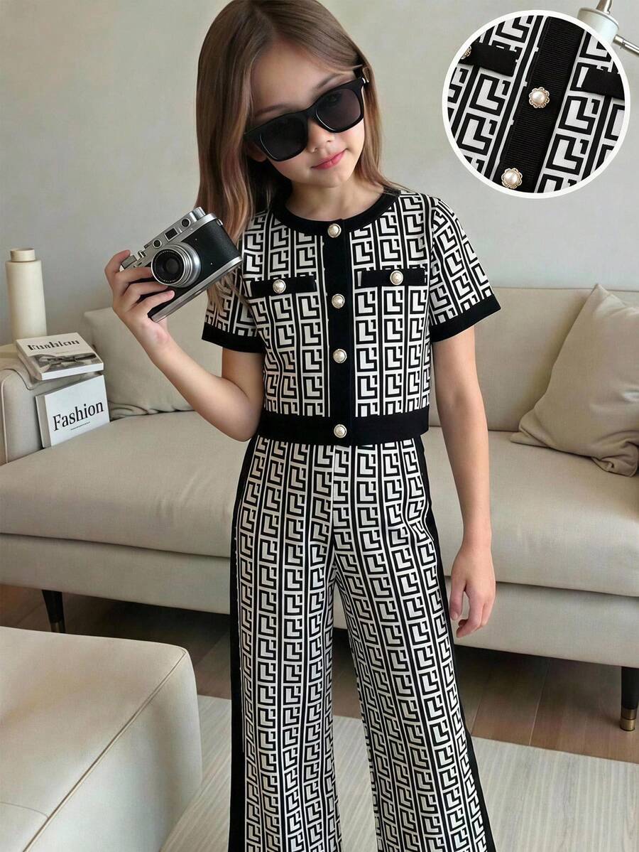 SHEIN 女童圆领前扣短袖上衣和裤子套装,优雅夏季装扮 - 彩色 - 查看 1