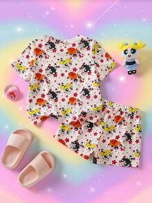 THE POWERPUFF GIRLS X SHEIN 女童全印花圓領短袖上衣與短褲休閒居家睡衣套裝 - 杏色 - 查看 2