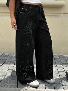 Dazy Plus Shiny Loose Wide Leg Long Pants Black Versatile Blogger Casual Street Style Plus Size Women All Season Denim Jeans Fall - Black - View 5