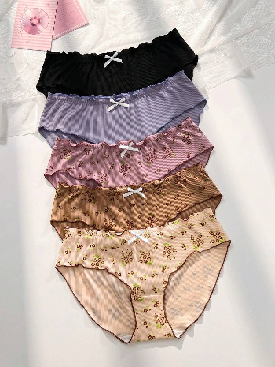 PetitDoll 5条/包甜美碎花荷叶边内裤套装