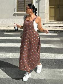 Rivivi 大尺碼時尚街頭波點印花口袋牛仔洋裝 - 棕色 - 查看 6