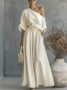 SHEIN Women's Asymmetric Neck Umbrella Hem Long Dress, Suitable For Occasions, Vacation, Home, Date, Beach - Beige - View 4
