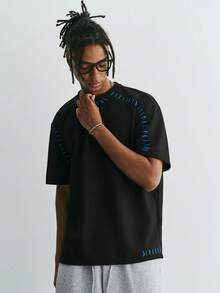 Sonviro Loose Fit Men's Crochet Short Sleeve T-Shirt - Black - View 4