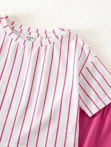 SHEIN 2件組女嬰針織素色寬鬆休閒舒適圓領卡通圖案T恤與長褲套裝 - 彩色 - 查看 6