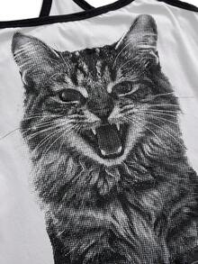 ROMWE Y2K Hot Girl Cat Print Contrast Color Strap Women's Tank Top - Multicolor - View 4