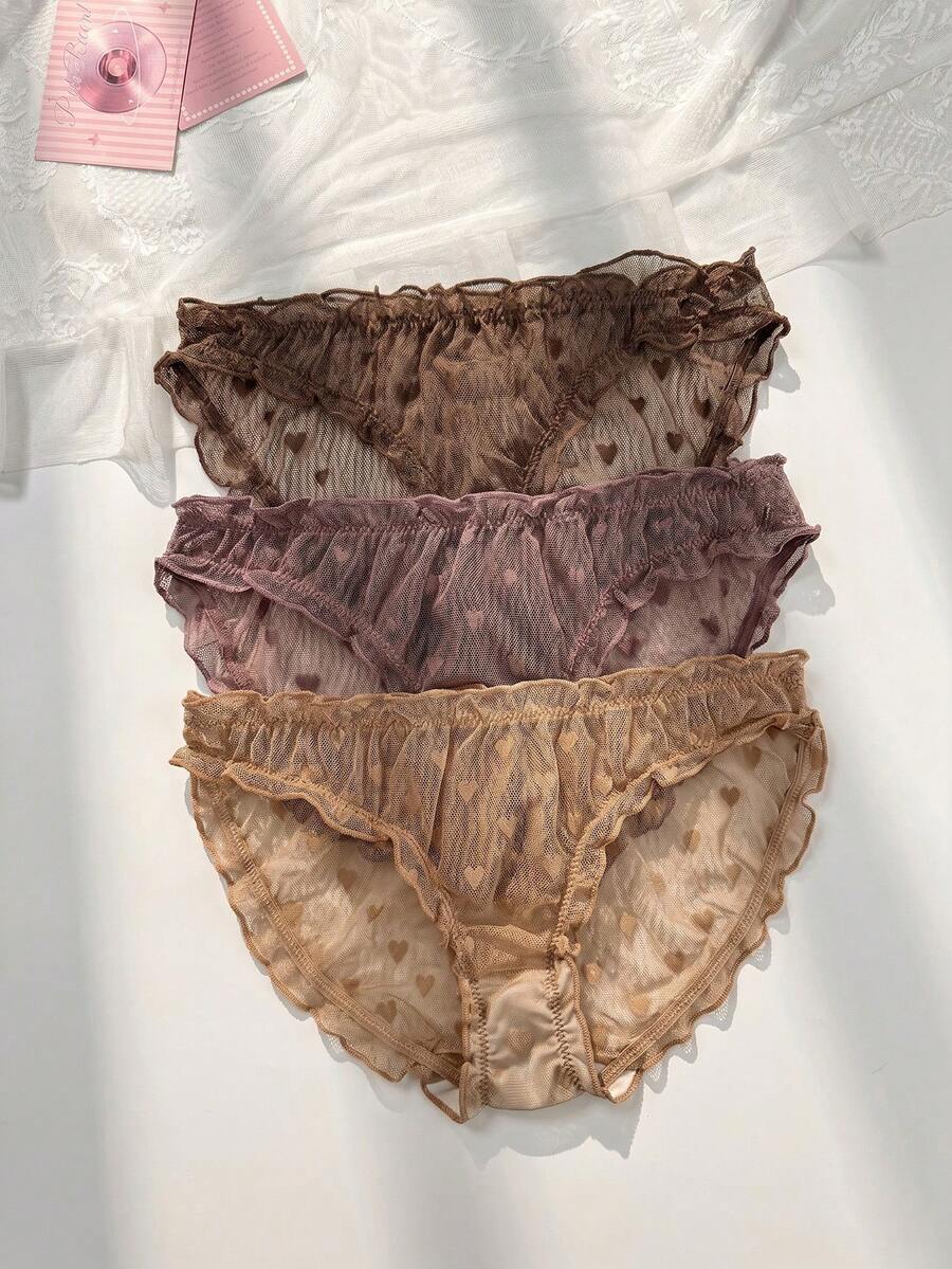PetitDoll 3pcs/Set Random Heart Direction Sweet Heart Jacquard Mesh Ruched Ruffle Back Hollow Out Triangle Panties - Multicolor - View 1