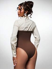 Normani Fall Festival Party Night Out Prom Graduation Casual Sexy Vacation Country Y2k Women's Versatile Brown Stripe Colorblock Long Sleeve Bodysuit - Coffee Brown - View 4