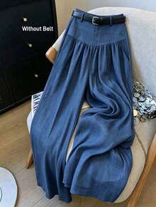 Selianne Women's Blue Ruched Wide Leg Pants With Pockets, Elegant And Sophisticated Style, Birthday Gift, Date, Party, Valentine's Day, Carnival, Gathering, Music Festival, Travel, Vacation, Street Photography, Atmospheric, Spring/Summer/Autumn, Versatile Wide Leg Pants - Blue - View 5
