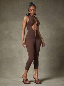 Denimoi Chain Detail Cut Out Sexy Jumpsuits Summer Vacation GNO Clubwear Concert Outfits Going Out - Brown - View 3