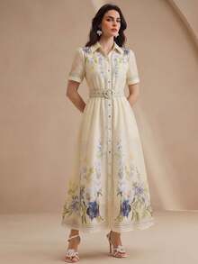 Anewsta Spring/Summer Pale Yellow Premium Position Print Shirt-Style Short Sleeve Long Dress For Women - Light Yellow - View 5