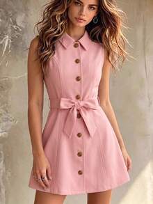 Franclia Women's Elegant Dusty Pink Sleeveless Button Dress With Belt,Summer Brunch Valentine's Day Style Collar Everyday Wear Business Commute - Pink - View 1