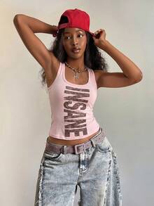 Fiercella Fiercella Women's Spring/Summer U-Neck Pink Wasteland Style Print Slim Fit Comfortable Streetwear Y2K Hot Girl Rock Sexy Tank Top Going Out Night Out Nightout - Baby Pink - View 4