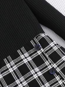 SHEIN Ribbed & Plaid Pattern Long Sleeve Fitted Knit Dress For Tween Girls - Black - View 8