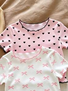SHEIN LMoss Kids Conjunto de camiseta y pantalones cortos de punto con patrón de corazón y cuello con volantes para bebé niña - Multicolor - Ver 6