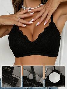 SHEIN 女士单件蕾丝无钢圈内衣文胸 - 黑色 - 查看 3