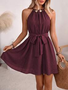 Wandoria Women's Spring/Summer French Elegant Luxury Minimalist High-End Design Casual Bohemian Vacation Office Commute Old Money Style Comfortable Solid Color Faux Linen Fabric Ruched Neckline Beaded Decoration Elastic Waist Self-Fabric Belt Cinched Waist A-Line Spaghetti Strap Tie Strap Pocket Short Dress - Burgundy - View 5