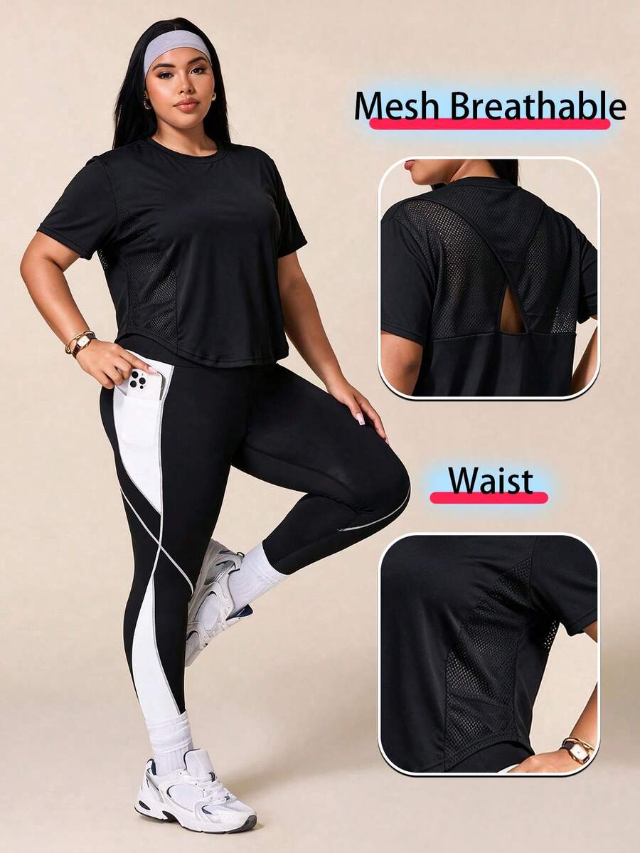 Rhythm Era Women's Plus Size Solid Color Crew Neck Short Sleeve Sports T-Shirt - Black - View 1