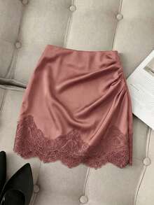 Muvela Women's Solid Color Pleated Contrast Lace Elegant Skirt - Dusty Pink - View 8