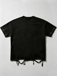 ROMWE MEN Street Life 夏季新款重磅水鑽做舊 T-shirt，男女款情侶風，時尚休閒極簡街頭風黑色圓領短袖上衣 - 黑色 - 查看 4