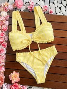 Swim Vcay Sweet Girl 女款 2 件組紋理條紋寬肩帶前綁帶三角比基尼套裝 - 彩色 - 查看 3