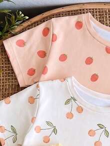 Baby Girl Casual Minimalist Round Neck Short Sleeve T-Shirt 3pcs Set Suitable For Spring And Summer - Multicolor - View 3