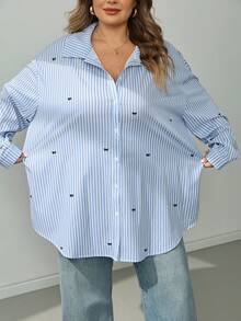 SHEIN CURVE+ 大尺碼女款藍白休閒可愛傳統 90s 80s 百搭日常正式長袖襯衫 開學季約會之夜辦公室穿搭 - 彩色 - 查看 5