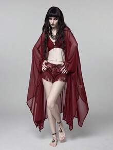 ROMWE Goth 春夏度假海灘風深色哥德風透視蝙蝠袖上衣 - 酒紅色 - 查看 9