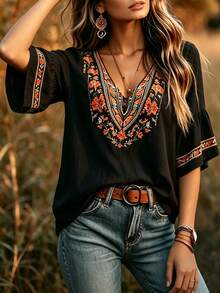 SHEIN LUNE CURVE Women's Bohemian Style Digital Print Loose Casual V-Neck Batwing Sleeve Blouse, Suitable For Outings And Vacations - Black - View 5