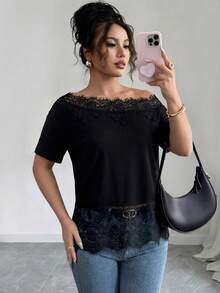 Elenzga Women's Lace Patchwork Asymmetric Shoulder Casual Versatile Daily T-Shirt - Black - View 4