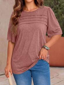 EMERY ROSE Plus Size Women's Solid Color Round Neck Short Sleeve Pleated Design Casual T-Shirt - Redwood - View 3