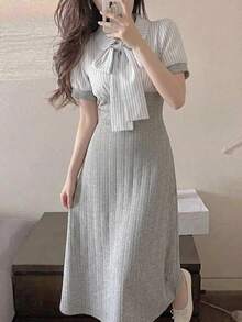 FRIFUL Women's Fashion Striped Colorblock Tie-Up Short Sleeve Dress For Vacation Summer Cute Tops - Grey - View 2