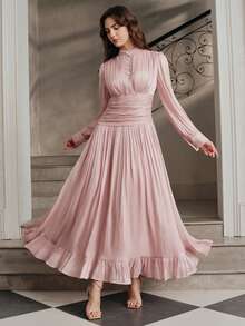 Anewsta Women's Autumn/Winter French Elegant Vintage Court Style Stand Collar Button-Up Pleated Cinched Waist Full Skirt Dress - Pink - View 4