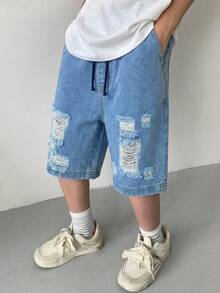 SHEIN Shorts De Mezclilla Rasgados Con Cintura De Cordón Para Niños Preadolescentes - Lavado ligero - Ver 1