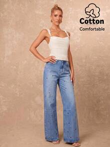 Lumalex Cotten Blend Light Blue High Waist Wide Leg Jeans Rhinestone Studs Metal Grommets Front Seams Back Pockets Summer 80s 90s Street Wear Streetstyle - Blue and White - View 4