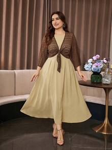 Modelyn Plus Size Lace Solid Color 3/4 Sleeve Short Cover-Up Outwear And French Casual Elegant Round Neck Sleeveless Dress For Spring&Autumn - Multicolor - View 5