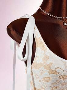Amplova Abito mini elegante da donna senza maniche con nodo sulle spalle e pizzo floreale - Bianco - Visualizzare 9