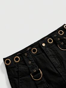 ACID BLVD Summer Y2K Grunge Metal Eyelet Design Straight Mini Denim Skirt - Black - View 4