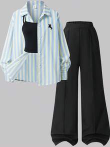 SHEIN 3件套黃色長袖條紋數位印花襯衫、黑色長褲、背心，適合春夏外出穿著 - 藍色 - 查看 4