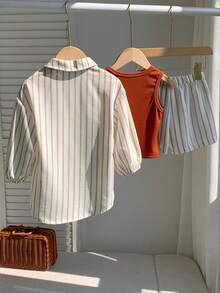 SHEIN Young Girl Striped Single-Breasted Jacket, Solid Color Tank Top And Shorts Set - Multicolor - View 2