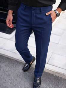 Calvornis Pantalones de traje formal de unicolor estilo de negocios para hombres, estilo de dinero antiguo, ceremonia - Azul Marino - Ver 3