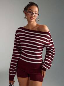 SHEIN Burgundy Off-Shoulder Ribbed Knit Co-Ord Set With Long Sleeve Top Matching Shorts July Edit Autumn Stripes Coastal Cool Soft Stretch Knitwear - Burgundy - View 9