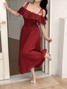 Feyla Vestido de mujer con volantes elegantes - Rojo - Ver 3
