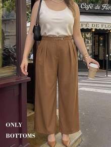 SHEIN MOD Plus Size Brown Elegant Casual Commuter Wide Leg Suit Pants Metal Chain Decor Long Urban Modern Office Formal Workwear Young Lady Summer - Rust Brown - View 8