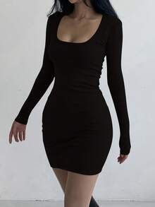 Dazy Tall Gaun Kasual Seksi Pendek Pas Badan Lengan Panjang Leher Persegi Wanita Musim Gugur - Hitam - View 3