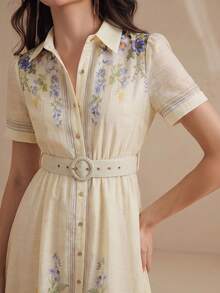 Anewsta Spring/Summer Pale Yellow Premium Position Print Shirt-Style Short Sleeve Long Dress For Women - Light Yellow - View 7