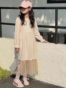 Hapijoa 大童女孩秋季圓領針織短袖撞色網紗洋裝，適合夏季 - 杏色 - 查看 7