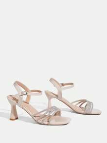 CUCCOO TILAWA Sandalias de tacón alto elegantes con punta cuadrada y decoración de strass para mujer, color albaricoque arroz, zapatos de primavera y verano - Arroz albaricoque - Ver 4
