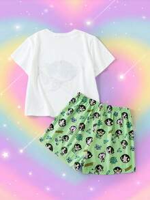 THE POWERPUFF GIRLS X SHEIN 女款卡通印花短袖上衣與短褲休閒日常居家睡衣套裝 - 白色 - 查看 2