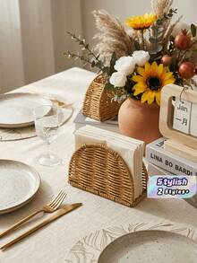 1Pc PE Rattan Woven Napkin Holder With Salt & Pepper Shaker Rack, Hand Woven Kitchen Condiment Bottle Desktop Organizer, Stylish Tabletop Tissue Caddy For Dining Table Decor - Multicolor - View 1