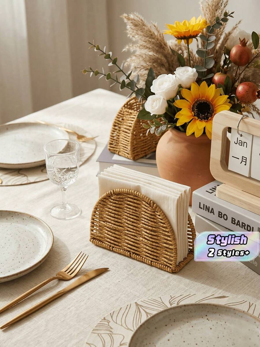 1Pc PE Rattan Woven Napkin Holder With Salt & Pepper Shaker Rack, Hand Woven Kitchen Condiment Bottle Desktop Organizer, Stylish Tabletop Tissue Caddy For Dining Table Decor - Multicolor - View 1